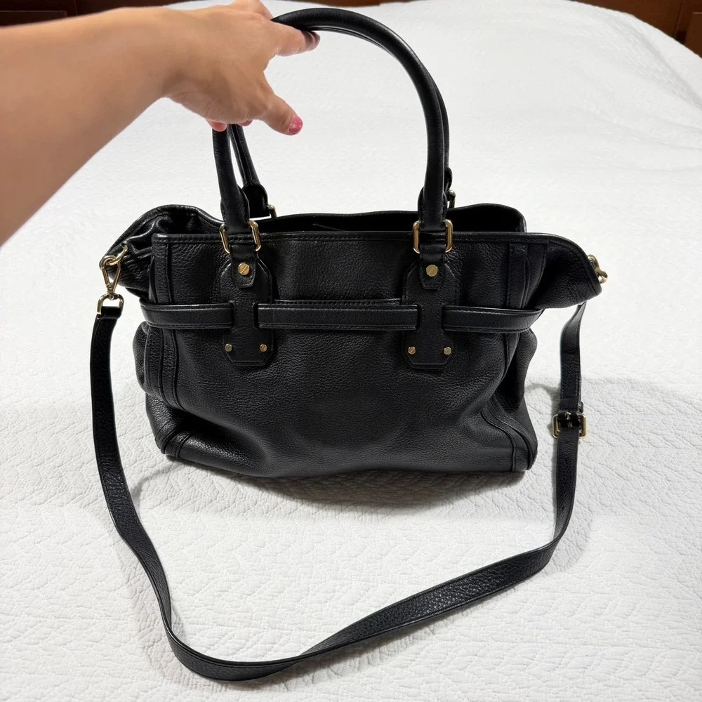 Michael Kors Satchel Handbag Bedford Womens Black Pebbled Leather Gold Logo GUC